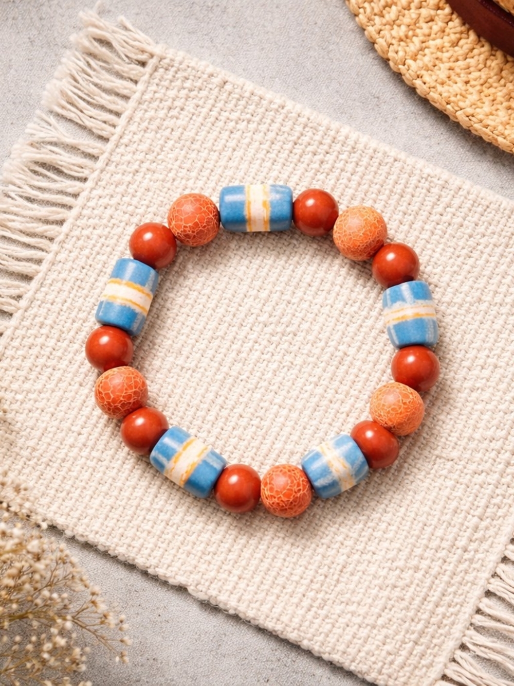 Handmade Colorfull Red Jasper And Sky Blue Strawstack African Beads